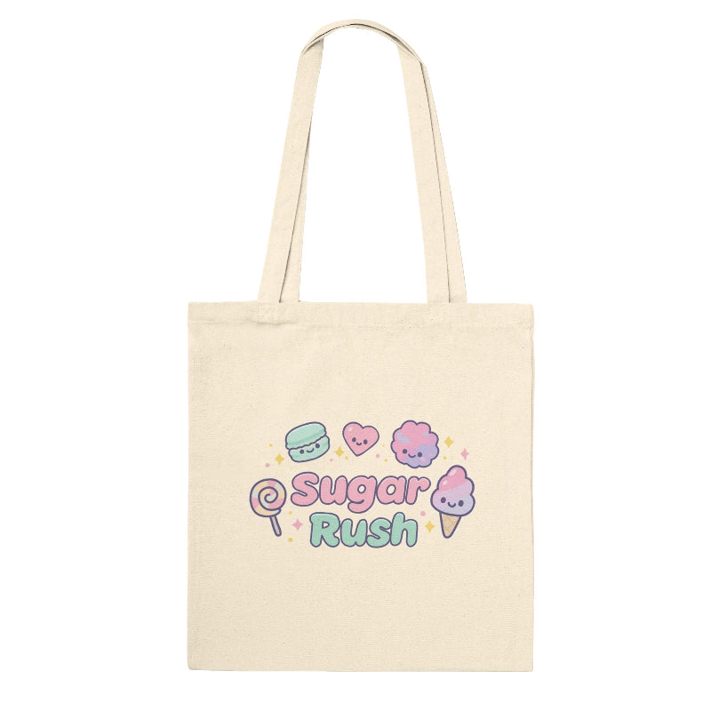 Beige tote bag with 'Sugar Rush' text and kawaii candy designs on a white background