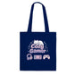Navy blue tote bag with 'Cozy Gamer' design featuring a cat, gaming console, and controller on a white background.