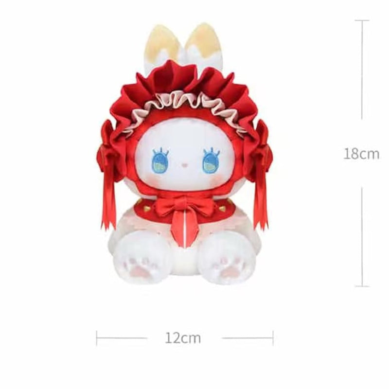 Strawberry Red Emma Plush Keychain, displayed on a white background with measurements.