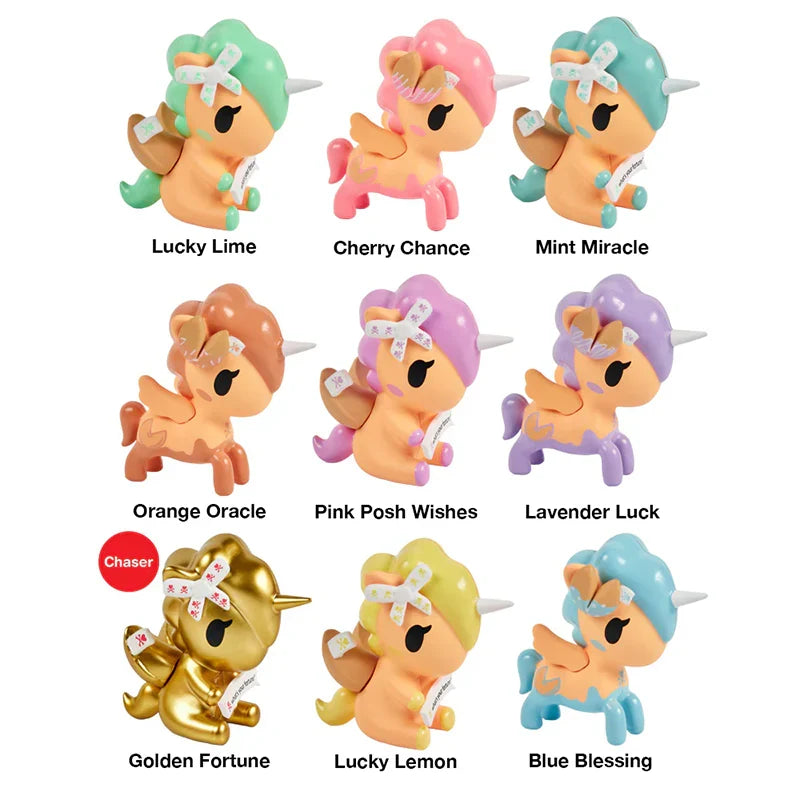 Collection of colorful unicorn figurines with names on a white background