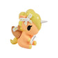 Plush toy with yellow hair, black eye, and white bow on a white background