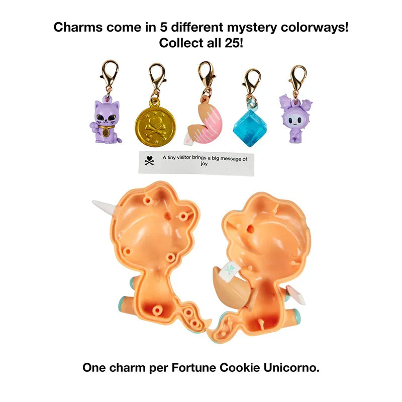Set of colorful charms with a white background, featuring text about mystery colorways and collecting all 25 charms.