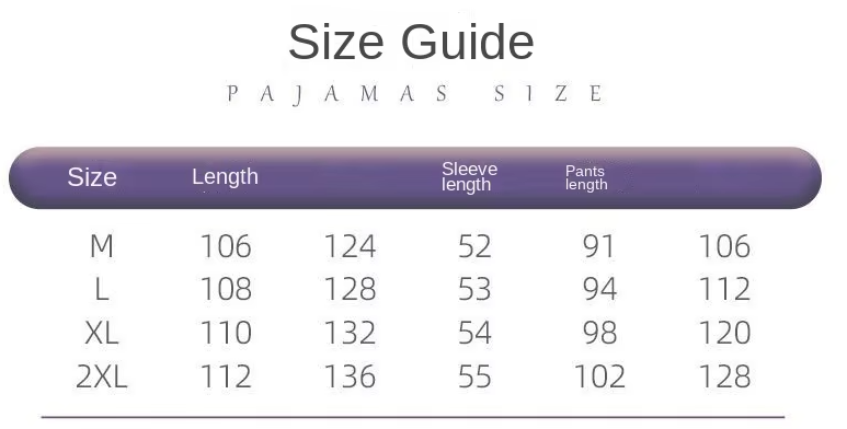 A size guide chart for pajamas, titled 'Size Guide' and 'PAJAMAS SIZE', showing size M through 2XL with measurements for length, sleeve length, and pants length on a white background.