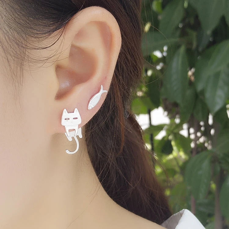 925 Sterling Silver Cat & Fish Earrings