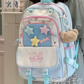 Pastel-colored backpack with star designs and a teddy bear charm on a neutral background.