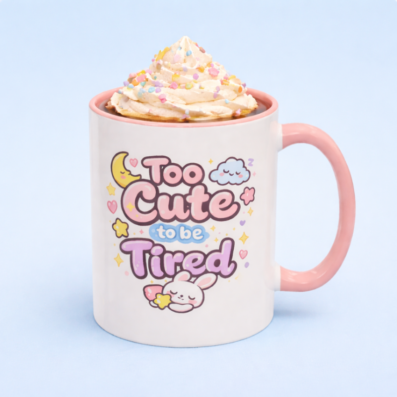 Kawaii Mug with 'Too Cute to be Tired' text and pink handle, filled with a hot beverage and whipped cream.