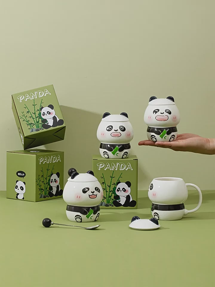 Cute Panda Mug with Spoon and Lid - 350ml Ceramic Panda Cup