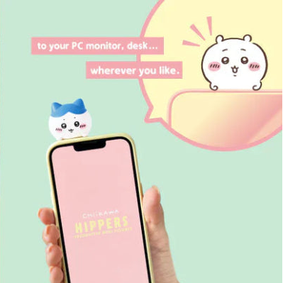 HIPPERS CHiiKAWA Blind Box, this image is displaying all the cute figures you could get out of one of the blind boxes!, on a pink and blue background, it also demonstrating where you can place them! which is anywhere!
