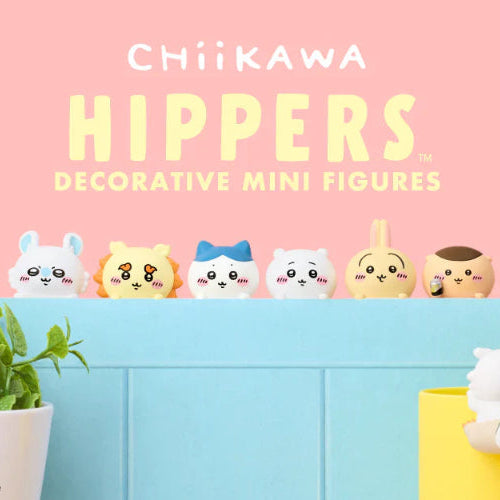 HIPPERS CHiiKAWA Blind Box, this image is displaying all the cute figures you could get out of one of the blind boxes!, on a pink and blue background