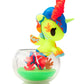 Kawaii unicorn blind box figure with a blue  and red hair in a clear container on a white background