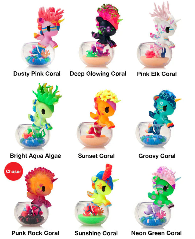 Collection of colorful coral-themed figurines in small glass bowls on a white background.