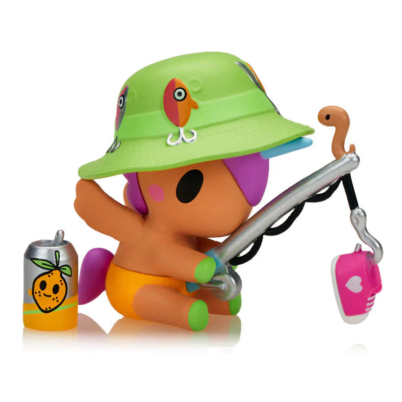Colorful toy figure with a green bucket hat, purple shirt, and holding a fishing rod on a white background