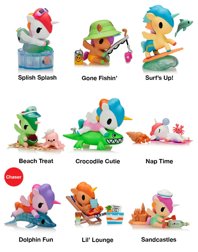 Collection of colorful figurines with various beach-themed poses on a white background.