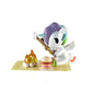 Unicorn kawaii blind box figure with a, holding a stick over a small fire with a sandwich on a white background.