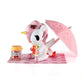 Unicorn-like character with pink hair and a pink umbrella on a white background
