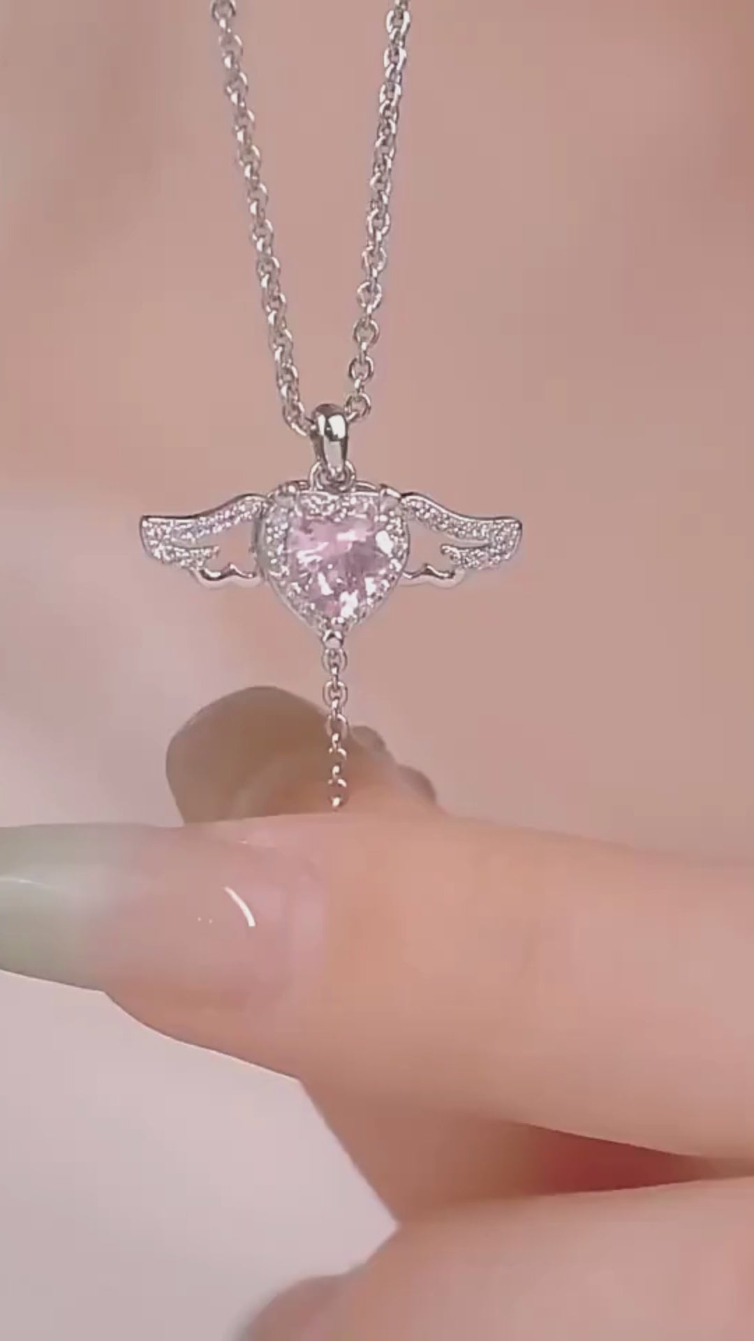 Kawaii Pink Crystal Heart Angel Wings Pendant Necklace Video