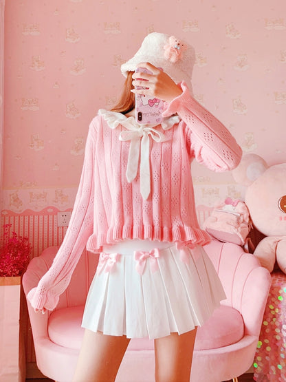 Model Wearing Our Kawaii White Pleated Skirt With Pink Bows