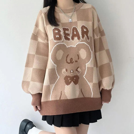 Kawaii Brown Plaid Bear Knit Sweater