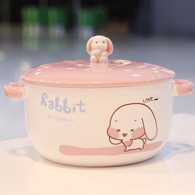 Kawaii Bunny Ceramic Ramen Bowl With Lid