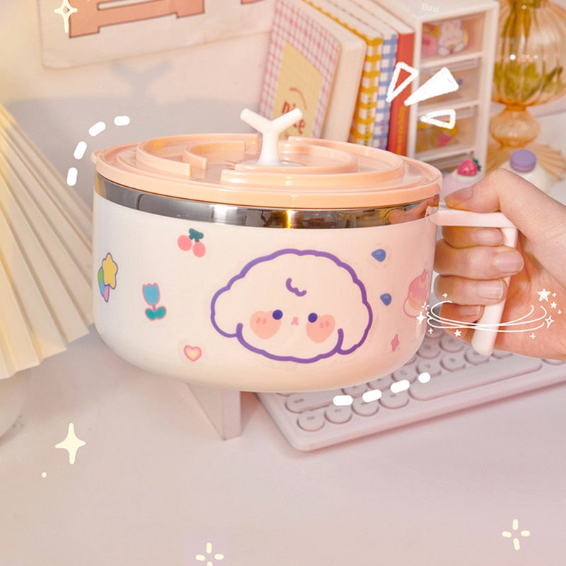 Kawaii Pink Ramen Bowl and Lid With Puppy Design