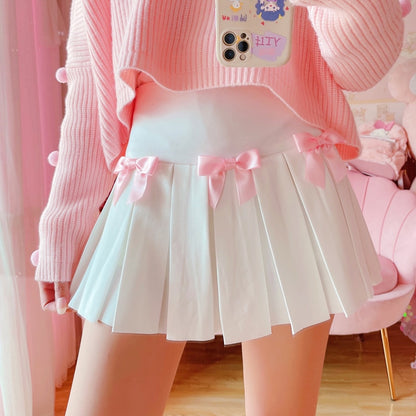 Kawaii White Pleated Skirt With Pink Bows