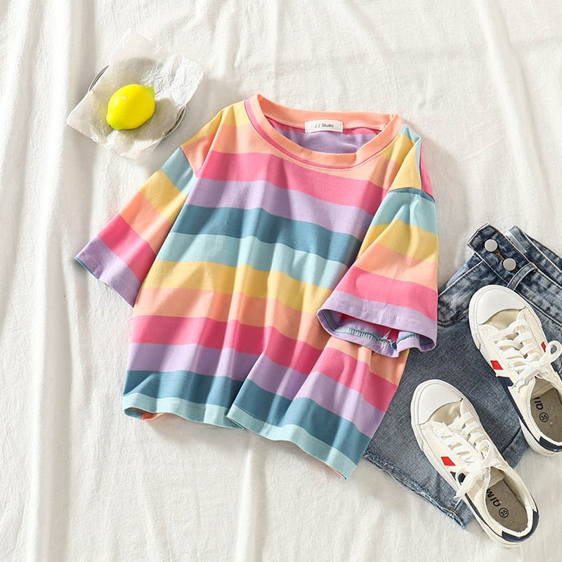 Kawaii Pastel Rainbow Striped T-Shirt