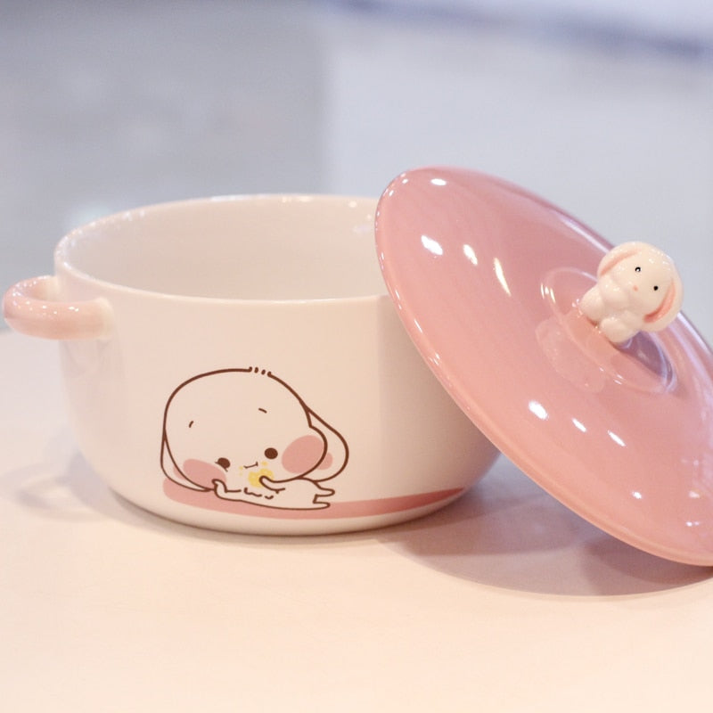 Kawaii Bunny Ceramic Ramen Bowl With Lid