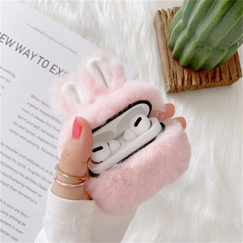 Kawaii Pink Plush Bunny Airpods Case Open