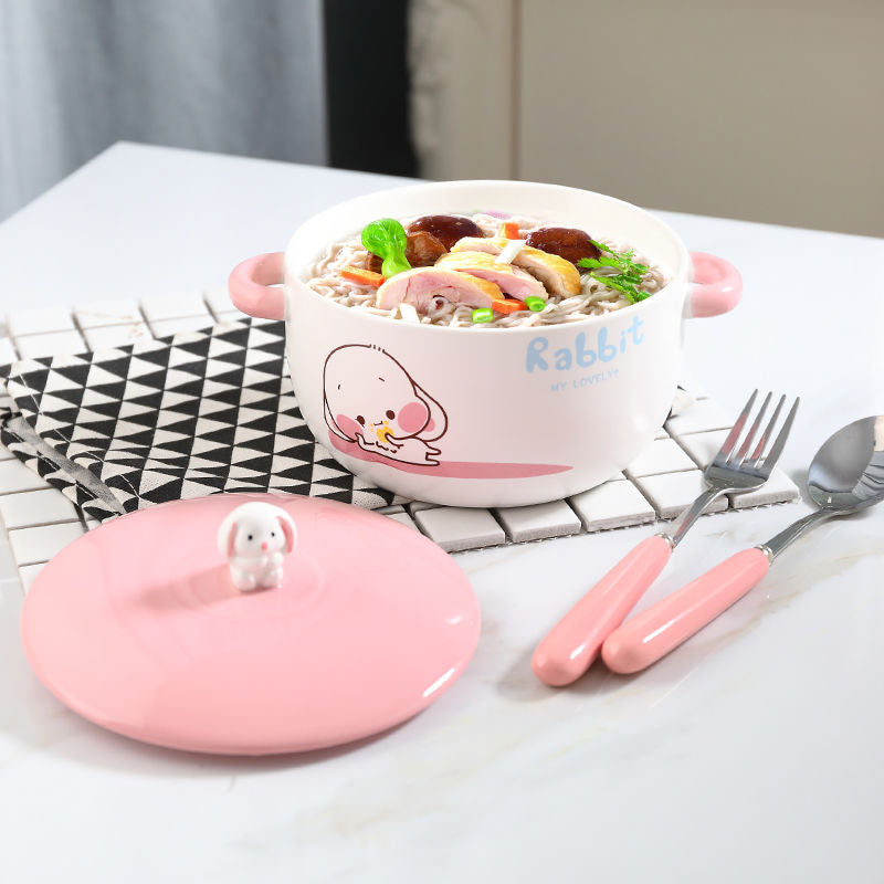 Kawaii Bunny Ceramic Ramen Bowl With Lid