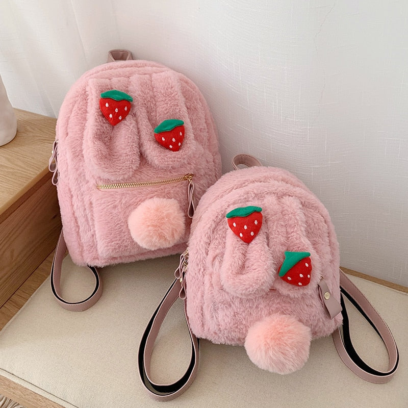 Kawaii Plush Strawberry Bunny Backpacks