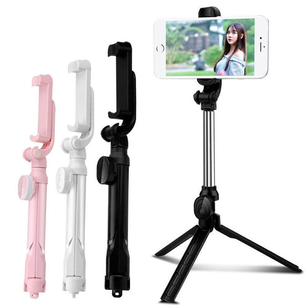 Tripod With Bluetooth Remote in PInk, White, and Black