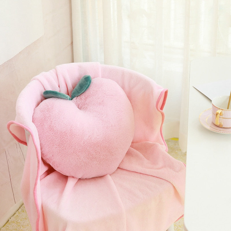 Kawaii Peach Pillow Plushie and Blanket on a Chair