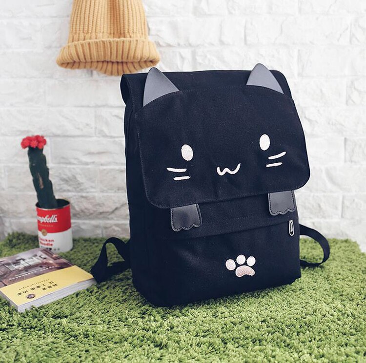 Lovely Kawaii Cat Backpack Black-White