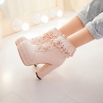 Kawaii Round Toe Lace Up Ankle Boots