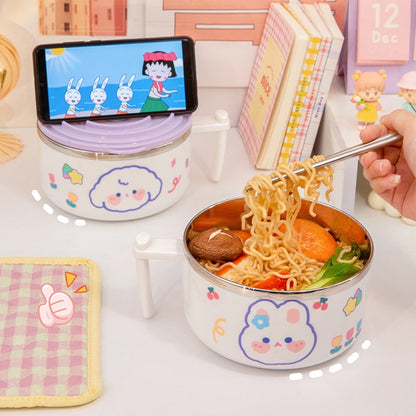 Kawaii White Bunny Ramen Bowl and Lid Being Used