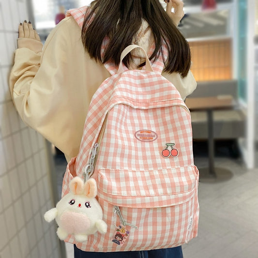 Kawaii Pink Cherry Plaid Backpack