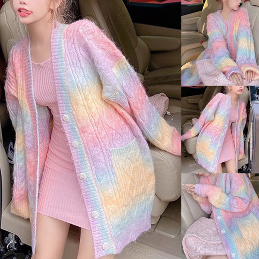 Model Wearing Kawaii Rainbow Knit Cardigan