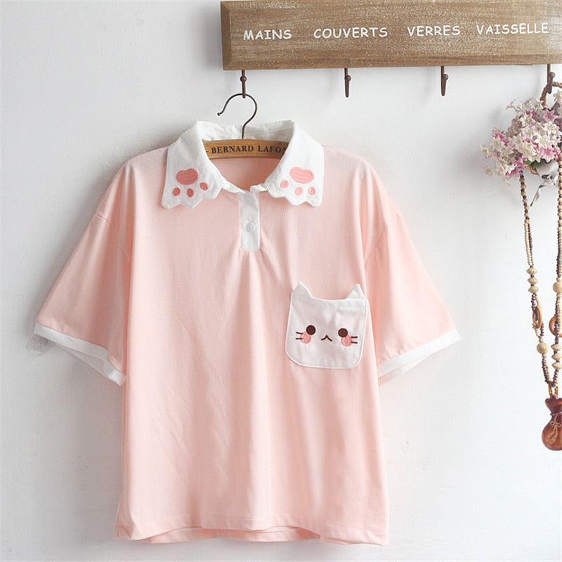 Kawaii Pink Shirt With Cat Pocket and Cat Paw Collar