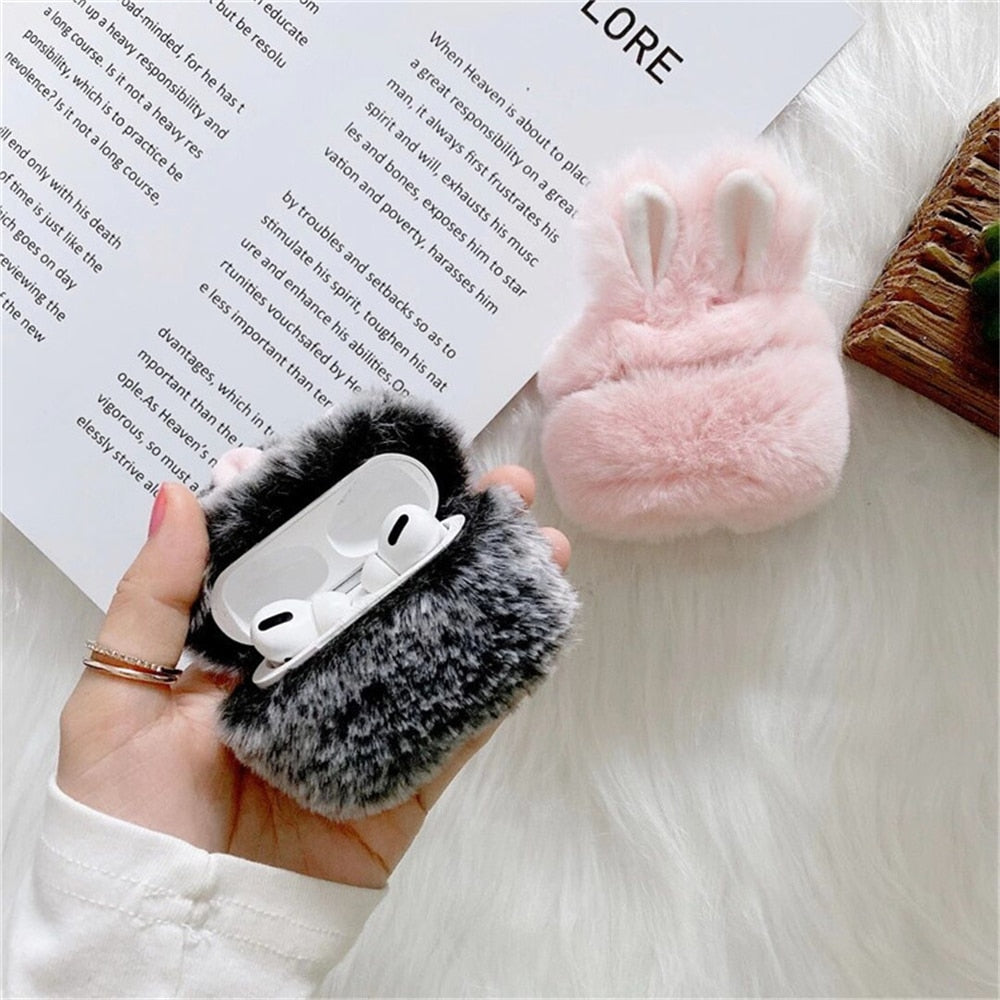 Kawaii Grey and Pink Plush Bunny Airpods Cases