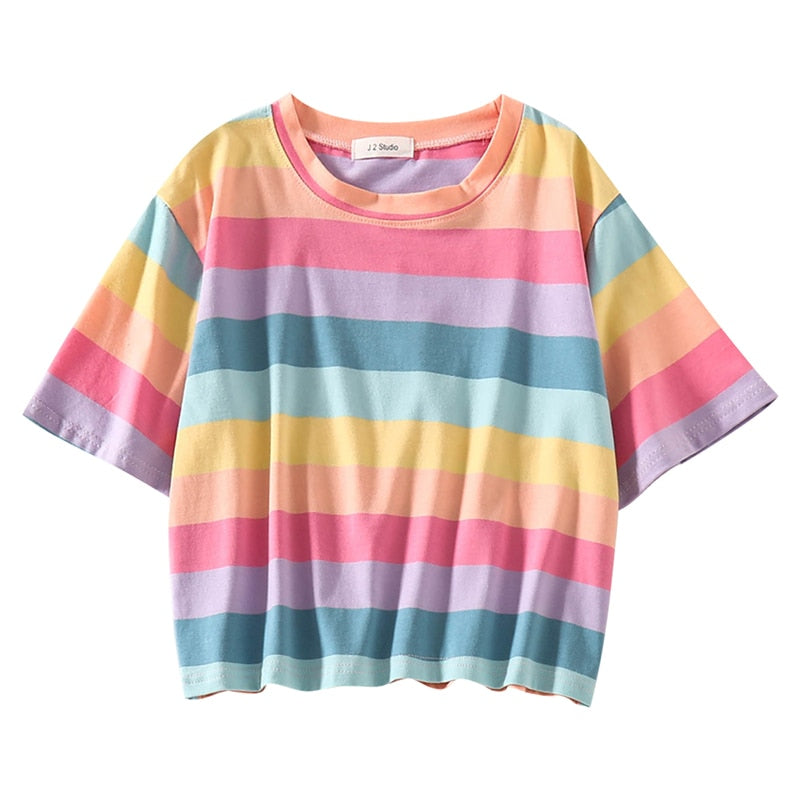 Kawaii Pastel Rainbow Striped T-Shirt โ Kore Kawaii