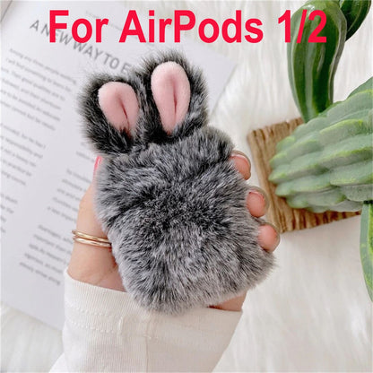 Kawaii Grey Plush Bunny Airpods 1 & 2 Case