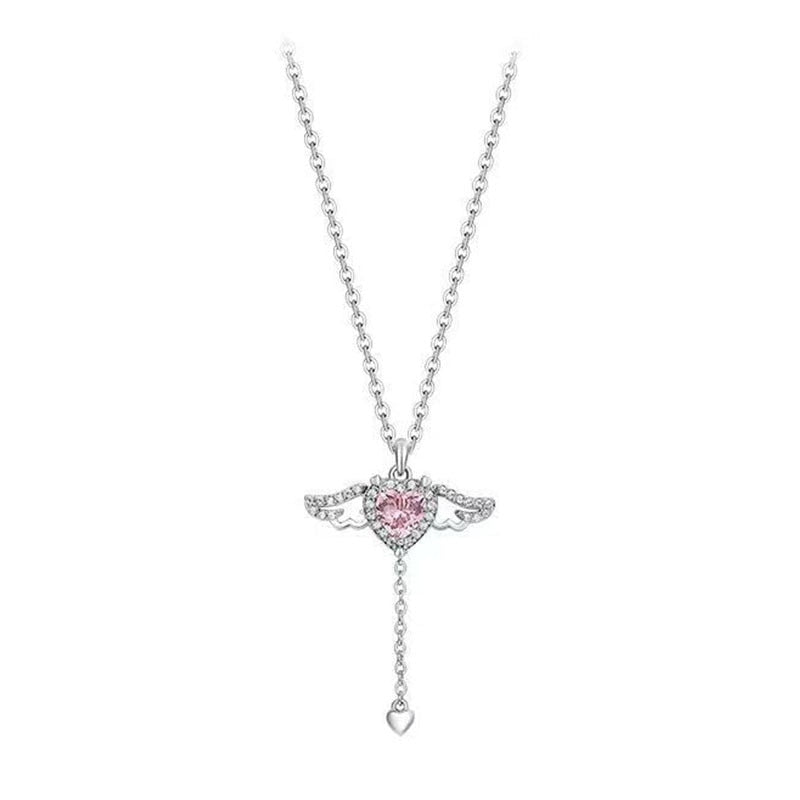 Kawaii Silver Tone Pink Crystal Heart Angel Wings Pendant Necklace
