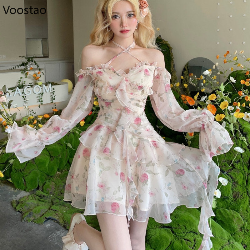 Kawaii Floral Off-Shoulder Chiffon Dress