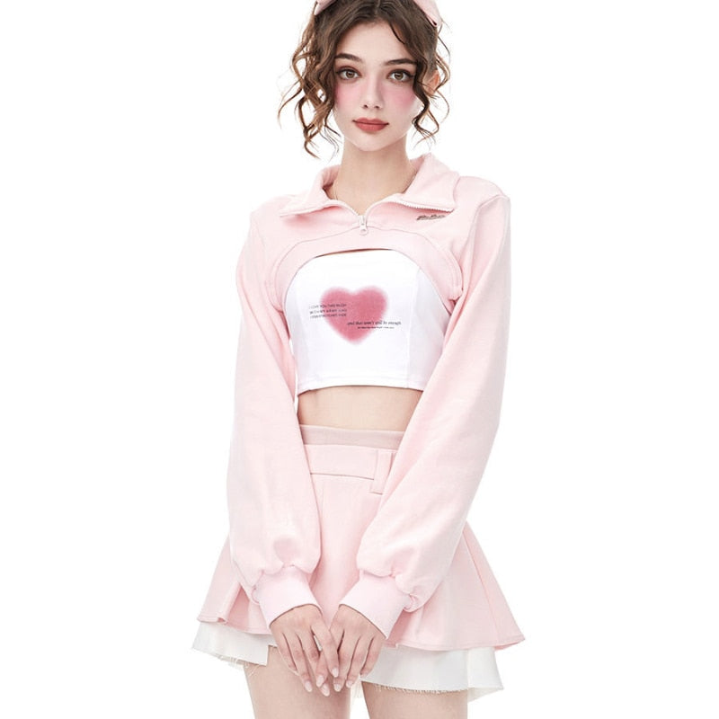 Model Wearing Kawaii Pink Cropped Sweatshirt, Tank, and Skirt