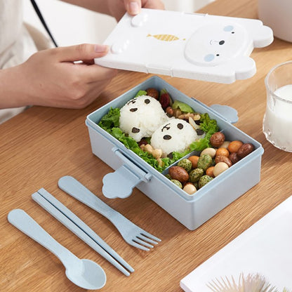 Kawaii Blue Bear Bento Box With Food in it