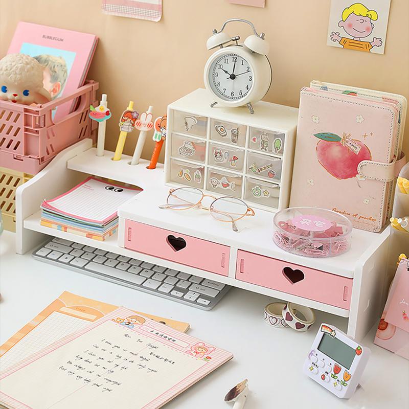 Kawaii Monitor and Laptop Desk Riser With Two Drawers