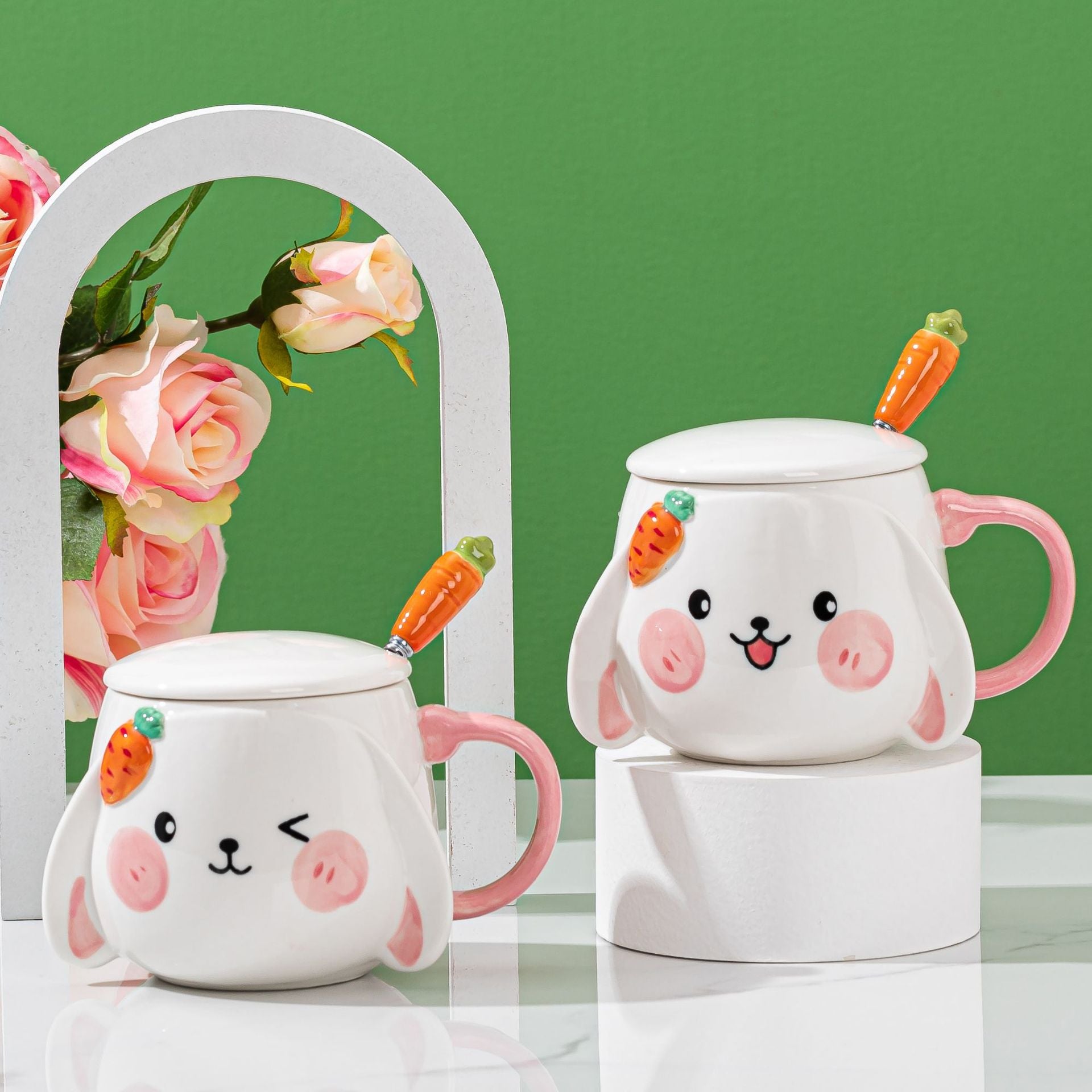 Kawaii Ceramic Bunny Mugs With Lids & Carrot Spoons