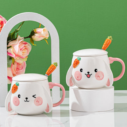 Kawaii Ceramic Bunny Mugs With Lids & Carrot Spoons