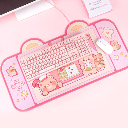 Kawaii Pink Bear Desk Pad on a Desk