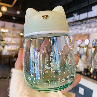 Kawaii Green Cat Glass Bottle